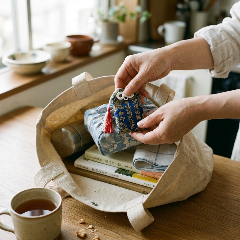 Hands packing books and folded cloths into a reusable canvas tote